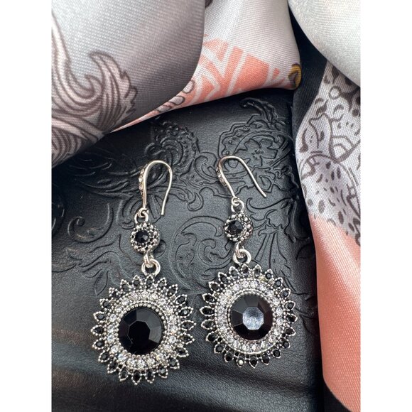 2/$24 Black Crystal Sunflower Dangle Earrings With Silver-Tone Detailing For Wom - Picture 5 of 8